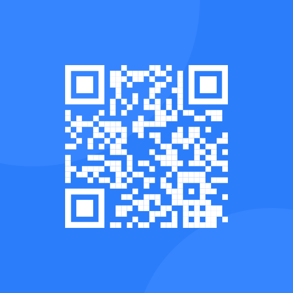 White QR code on blue background that when scanned will direct you to the FrontEndMentor.io website.